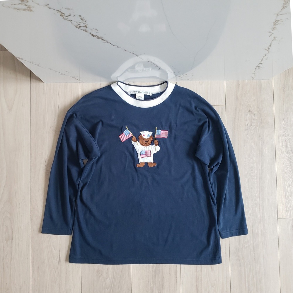 Victoria Jones Teddy Bear Shirt Womens L Navy Patriotic